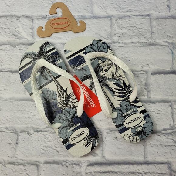 NWT Men's Havaianas Top Aloha White & Blue Tropical Men's Flip Flop size 13 - Picture 1 of 14